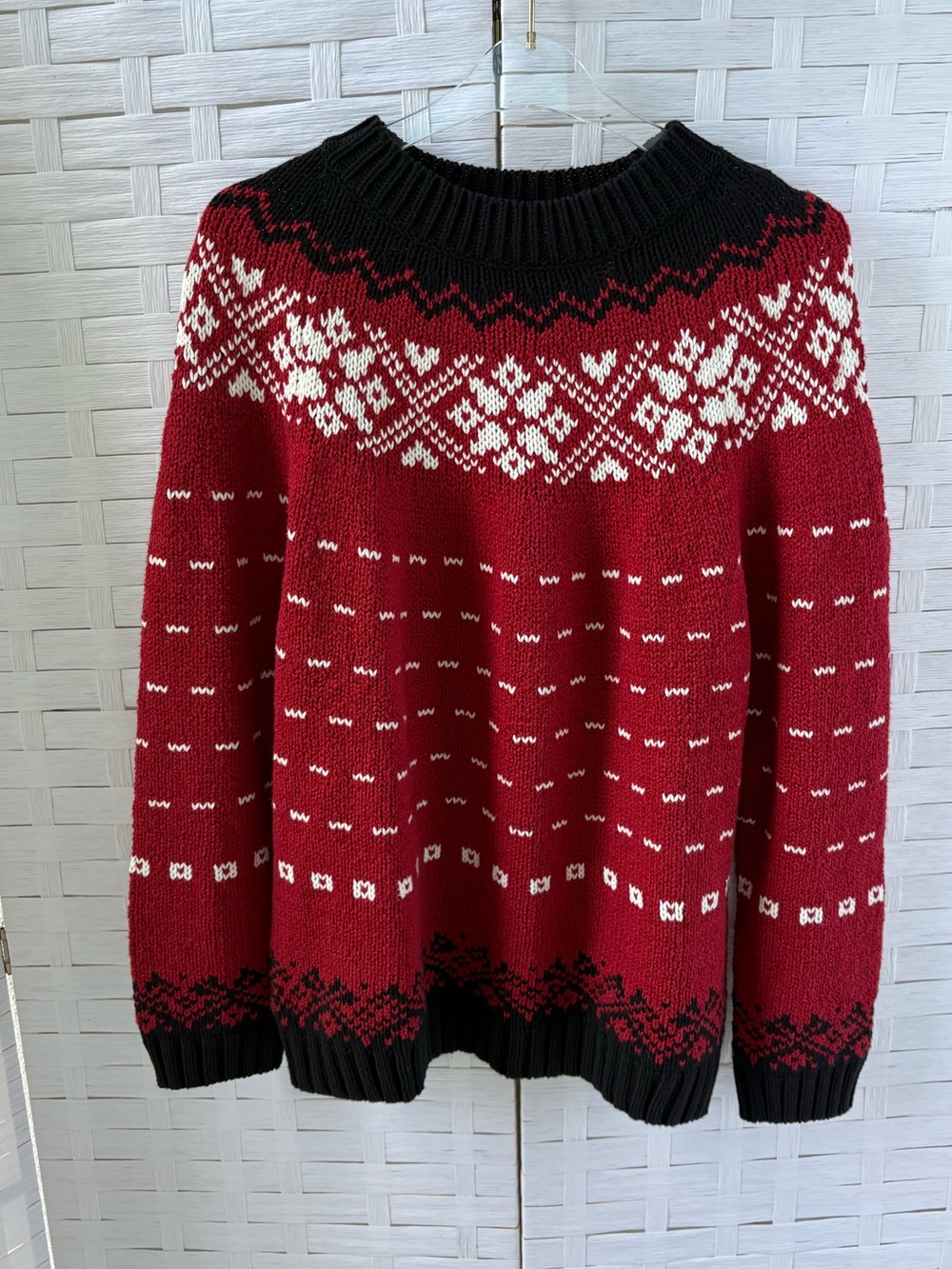 Liz Claiborne Women’s XL Red Fair Isle Crewneck Sweater Cotton Blend Cabincore